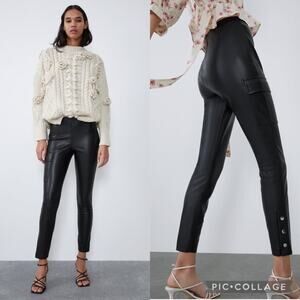 NWT ZARA Button Cargo Faux Leather Mid-Rise Leggings Black Size M Minimalist